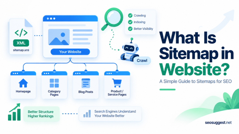 What is a sitemap in a website infographic showing XML sitemap structure, crawling, indexing, website pages, and SEO visibility.